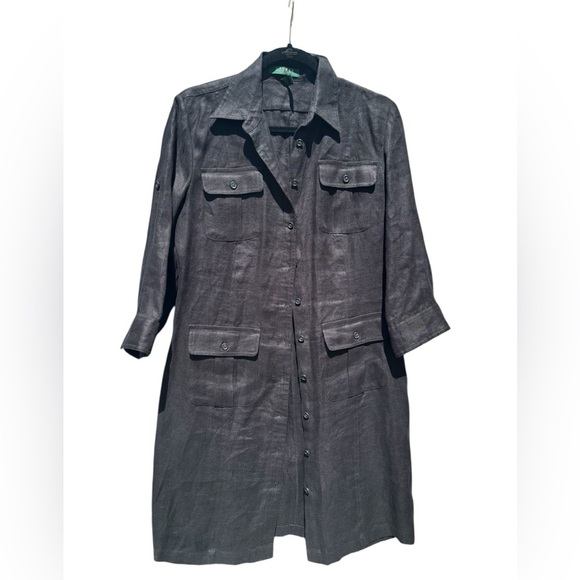 Lauren Ralph Lauren Shirt Dress Long Sleeves Button Up Midi Linen Black Size 12P - Picture 1 of 10